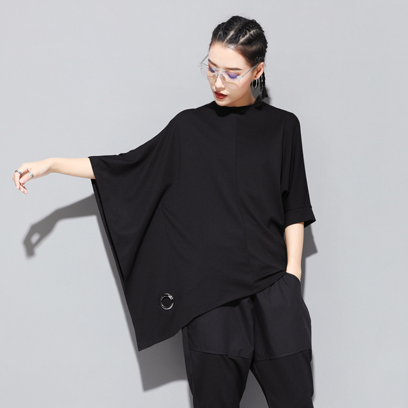 Tシャツ レディース トップス カットソー ワンサイズ フリーサイズ ブラック 黒 ホワイト 白 大人カラー モノトーン 無地 変形 アシンメトリー ショート丈 ショート 春 夏 五分袖 5分袖 クル