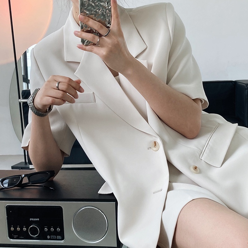 セットアップ スーツ ジャケット ショートパンツ ハーフパンツ レディース 半袖 大人女子 上下セット 2点セット ポケット パーティー エレガント カジュアル 10代 20代 30代 韓国 トレンド