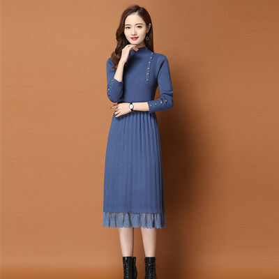 ニットワンピース 秋 冬 ロングワンピース レディース 長袖 レース ボタン 無地 大人可愛い かわいい プリーツ 透け感 マタニティ ママ 妊婦 ウエスト 出勤 ОL デート きれいめ ハイネック 