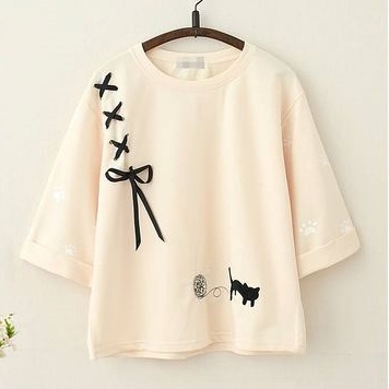 Tシャツ カットソー 猫 編み上げ レディース 半袖 七分袖 黒猫 足跡 肉球 ねこ 刺繍 プリント リボン ラウンドネック トップス トレーナー 春 秋 かわいい 大人可愛い キュート ガーリー レ
