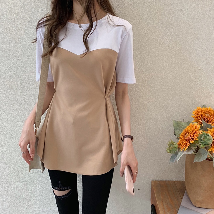 ドッキング 重ね着風 Tシャツ 2way 半袖 レディース 夏 トップス シャツ カットソー チュニック 大きいサイズ ２ＸL 3ＸL 4XL 大きめ ゆったり 体型カバー 細見え ウエストマーク A