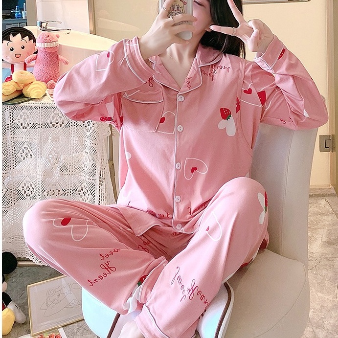 パジャマ マタニティ 上下セット 授乳 レディース 長袖 いちご ハート 大きいサイズ 大きめ ゆったり М L XL 2XL 3XL 2点セット 部屋着 寝巻 ルームウェア リラックス 苺 ストロベ
