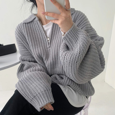 トップス セーター ジップアップ 3色 ランタンスリーブ レディース 萌え袖 ドロップショルダー 長袖 無地 ニット アウター ゆったり 大きめ 大きいサイズ 体型カバー 着痩せ 細見え 春 秋 冬 