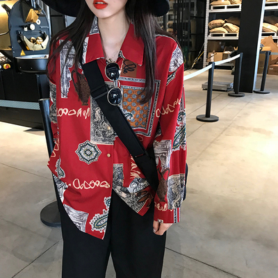 トップス シャツ ブラウス プリント 長袖 レディース ゆったり 大きめ 個性的 個性派 総柄 30代 40代 50代 60代 エスニック エキゾチック アジアン レッド 赤 着回し シンプル カジュ