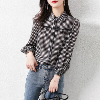 トップス ブラウス ギンガムチェック レース 長袖 レディース ランタンスリーブ エレガント 上品 清楚 高級感 きれいめ かわいい 大人可愛い ガーリー カジュアル お洒落 オシャレ ゆったり 体型