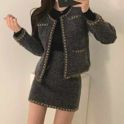 セットアップ 上下セット ニット ジャケット ミニスカート レディース スーツ 2点セット チェーン ノーカラー 長袖 ショート丈 オシャレ お洒落 かわいい 大人可愛い セクシー エレガント 高級感
