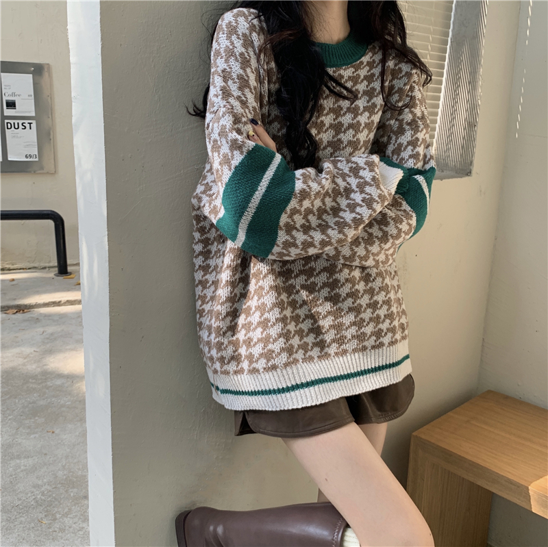 トップス ニット 千鳥格子 千鳥柄 3色 オーバーサイズ ラウンドネック レディース オシャレ お洒落 かわいい 大人可愛い 10代 20代 30代 40代 着回し 重ね着 シンプル カジュアル ベー