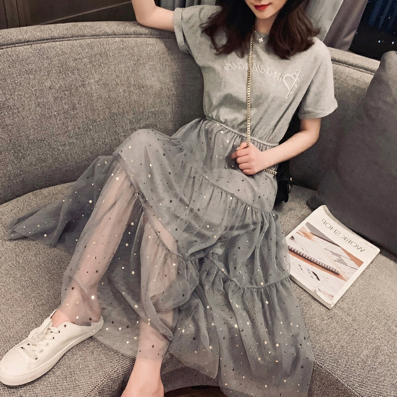 チュール切り替えTシャツワンピース ワンピース レディース Tシャツワンピース チュールスカート ドッキングワンピース 半袖 Tシャツ ドレス シャツワンピース 星柄 レース 透け感 シースルー ティ