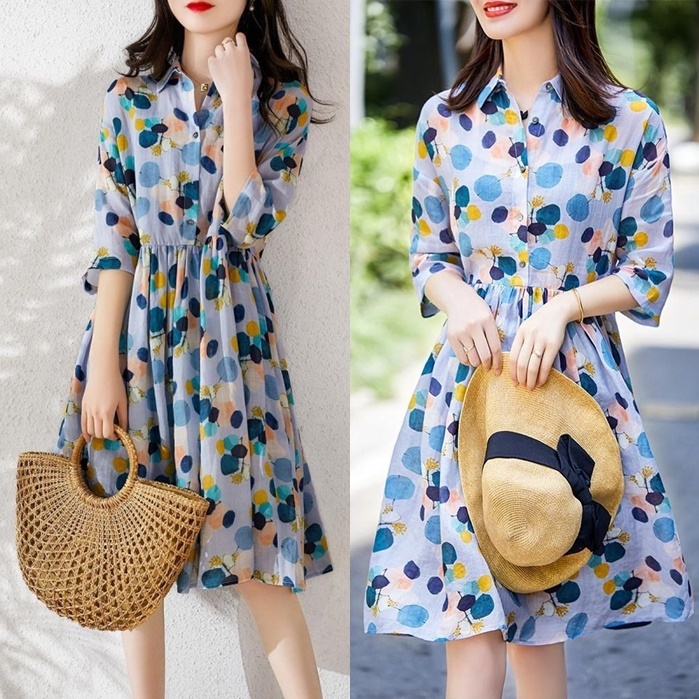 ワンピース レディース フレアワンピース M L XL 2XL 3XL 4XL 5XL 大きいサイズ プラスサイズ 花 フローラル ドット 水玉 春 夏 5分袖 五分袖 襟付き フロントボタン ミドル