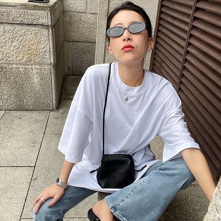 トップス レディース Tシャツ カットソー プルオーバー チュニック ロングシャツ オーバーシャツ ロンT ミディアム 袖あり 七分袖 クルーネック 無地 トレンド ゆったり オーバーサイズ ドロップ