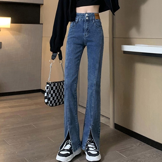 ボトムス デニム パンツ ジーンズ レディース スリット ハイウエスト スキニー 細身 タイト スリム シンプル カジュアル ラフ こなれ感 オシャレ お洒落 ストレート きれいめ 美脚 脚長 着回し