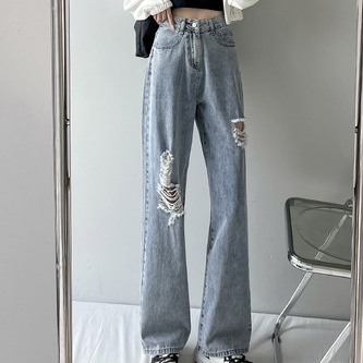 ボトムス デニム パンツ ダメージ 穴あき ジーンズ レディース ハイウエスト ストレート ゆったり 大きめ シンプル カジュアル ラフ こなれ感 オシャレ お洒落 美脚 脚長 着回し クール かっこ