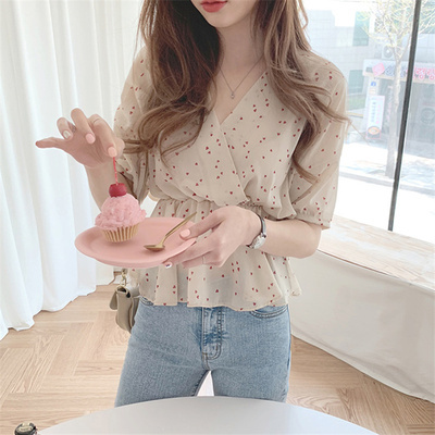 トップス ブラウス シフォン ハート カットソー 半袖 レディース クロス ふんわり きれいめ 上品 清楚 清潔感 エレガント お洒落 オシャレ フェミニン ガーリー フェアリー かわいい 大人可愛い