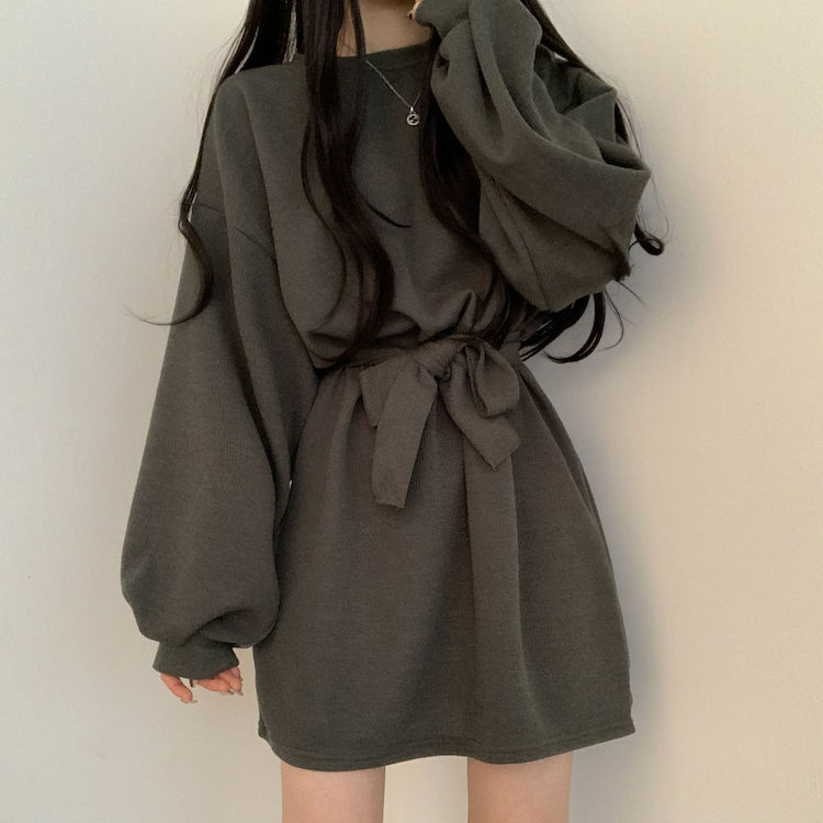 ワンピース 4色 リボン ウエスト レディース 長袖 オシャレ お洒落 かわいい 大人可愛い 10代 20代 30代 40代 ミニ丈 ショート丈 シンプル カジュアル ラフ 無地 ブラウン 茶色 黒 