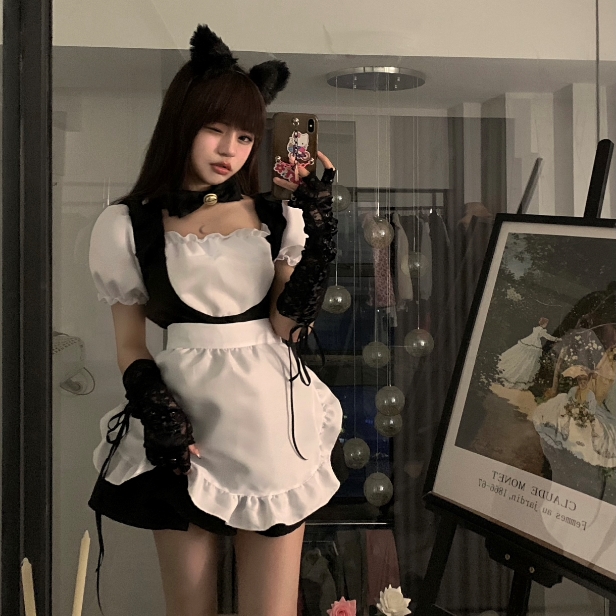 ワンピース メイド服 フリル リボン レディース エプロン 半袖 量産型 姫系 オシャレ お洒落 かわいい 大人可愛い ガーリー フェミニン 無地 バイカラー ミニ丈 ショート丈 膝上 黒 ブラック 