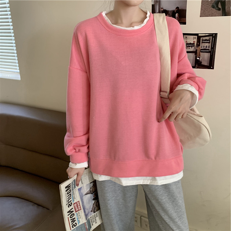 スウェット レディース トップス トレーナー プルオーバー フェイクレイヤード 重ね着風 M L XL 2XL ピンク ブラック 黒 グレー 灰色 ダークブルー 青 大人カラー くすみカラー 秋 冬 