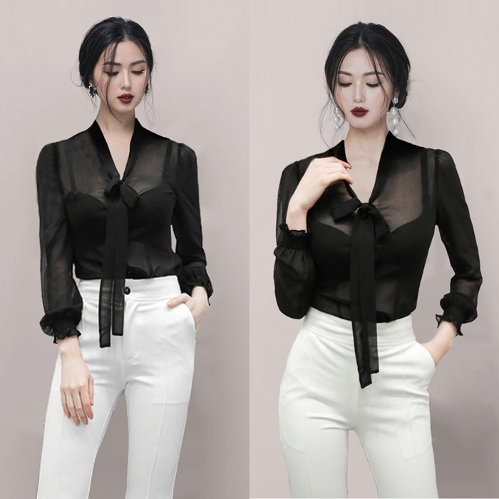 ブラウス レディース トップス シャツ S M L XL ブラック 黒 無地 シフォン 透け感 シースルー 春 秋 Vネック ボウタイ リボン 長袖 ショート丈 ミドル丈 ストレート ママ フェミニン