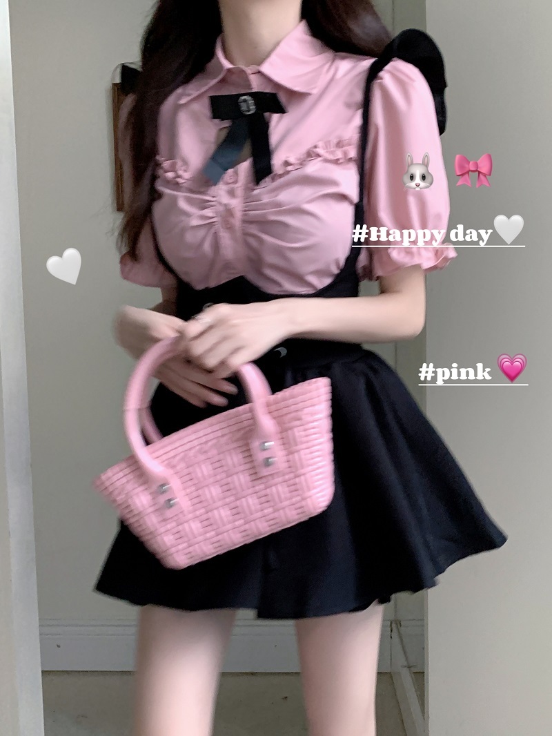 トップス レディース シャツ ブラウス 半袖 襟付き 前開き ボタン リボン フリル袖 谷間 胸元チラリ パフスリーブ ふんわり袖 かわいい おしゃれ お洒落 ラブリー キュート ガーリー 主役級 存
