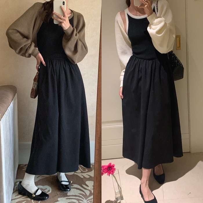 カーディガン＆ワンピース レディース 2点セット セット ツーピース ワンサイズ フリーサイズ トップス ニット カーディガン ワンピース アプリコット ブラウン 茶色 大人カラー くすみカラー 秋カ