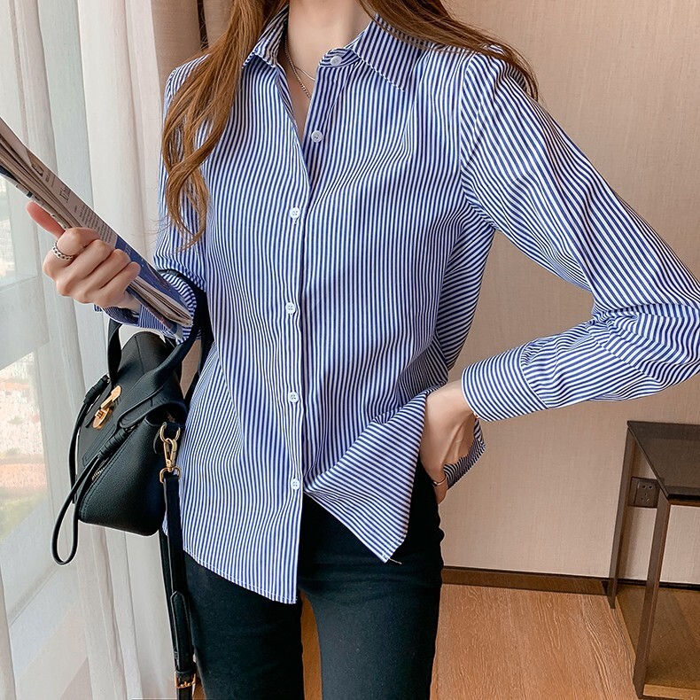 シャツ レディース トップス ブラウス S M L XL 2XL 3XL ブルー 青 ストライプ 大人カラー 春 秋 長袖 襟付き フロントボタン ショート丈 ミドル丈 ストレート スリム 細身 ママ