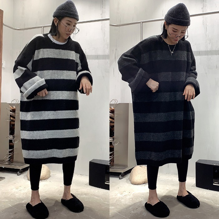 ワンピース レディース ニットワンピ ミディワンピ ワンサイズ フリーサイズ ダークグレー ライトグレー 灰色 ボーダー しましま 大人カラー 秋カラー くすみカラー 秋 冬 ニット 長袖 ドロップシ