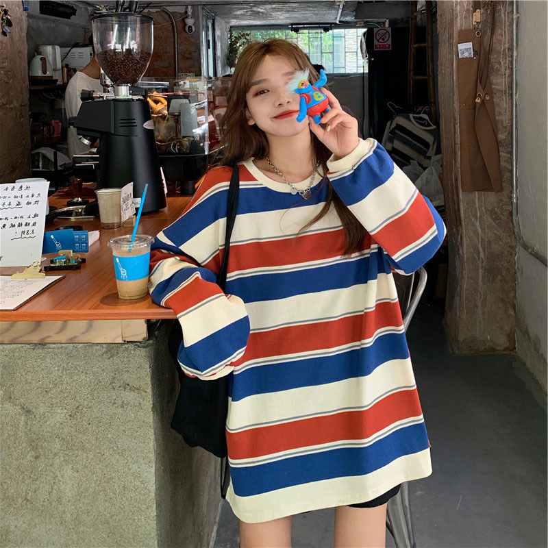長袖Tシャツ レディース トップス カットソー ロンT Tシャツ M L XL 2XL オレンジ ブルー 青 グレー 灰色 大人カラー くすみカラー 秋カラー ボーダー しましま 春 秋 クルーネック