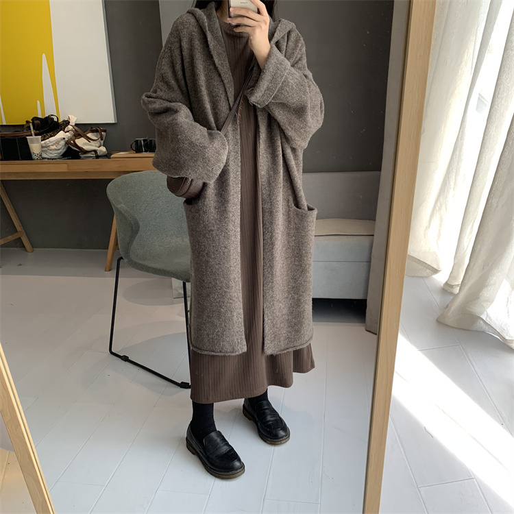 アウター レディース コーディガン カーディガン フーディー コート ニット ロング丈 袖あり 長袖 ドロップショルダー Iライン フード付き ポケット もこもこ モコモコ 前開き 大人可愛い かわい