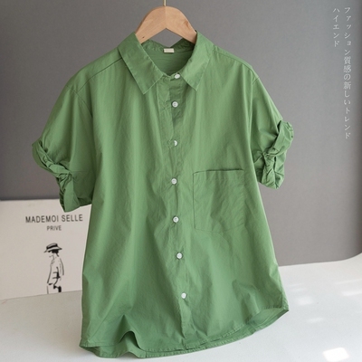 トップス シャツ ブラウス ３色展開 グリーン イェロー ブルー 半袖 袖あり ボタン 夏 春 秋 かわいい 大人可愛い きれいめ シンプル カジュアル 大人 上品 おしゃれ お洒落 かっこいい レト