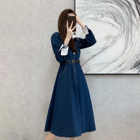 デニム ワンピース デニムワンピース ミモレ丈 袖あり 長袖 襟付き ポロカラー Aライン ベルト ハイウエスト 2way ブルーデニム 大人可愛い きれいめ シンプル カジュアル 上品 大人女子 キ
