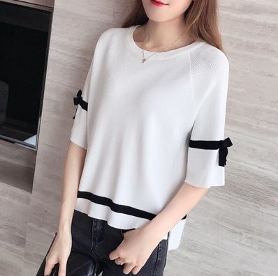 トップス Tシャツ ニットソー 袖あり 5分袖 ラウンドネック 襟なし ストレート リボン サマーニット 薄手 かわいい 大人可愛い カジュアル 大人女子 ラフ ラブリー ガーリー 無地 春 夏 秋 