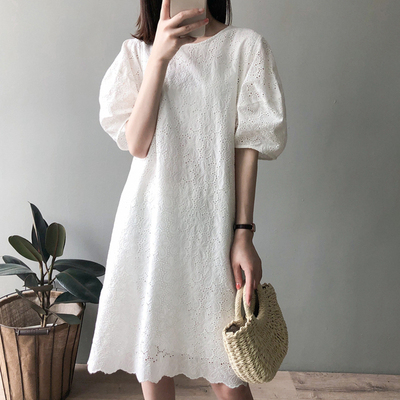 ワンピース シンプル フェミニン 半袖 袖あり ホワイト イェロー ブルー 夏 かわいい 大人可愛い きれいめ シンプル カジュアル 大人 上品 おしゃれ お洒落 かっこいい レトロ アジアン エスニ