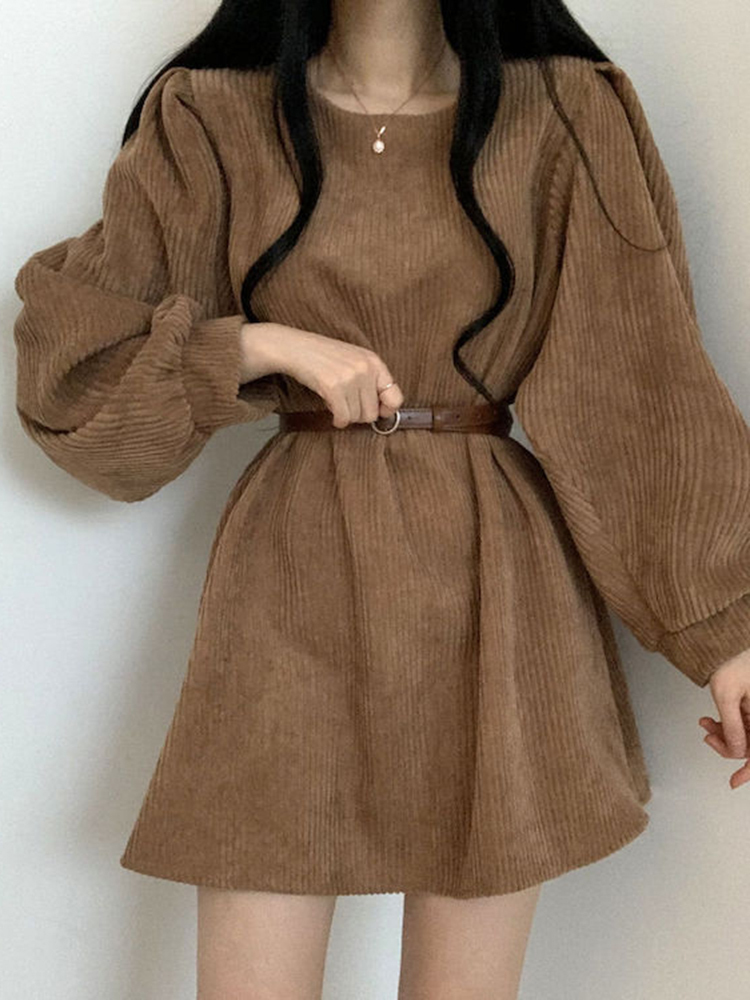 コーデュロイ生地ドレス ワンピース ドレス ストレートパンツ ショートスカート ショート ショート丈 長袖 ラウンドネック Aライン ベルト ハイウエスト コーデュロイ かわいい 大人可愛い カジュア