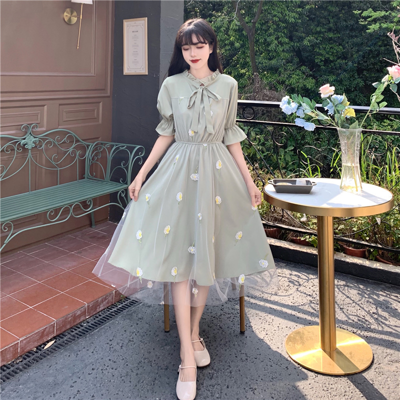 夏 ロング ドレス ワンピース プルオーバー ワンピドレス 膝丈 ロング丈 袖あり 半袖 ラウンドネック 襟付き Aライン レース ウエストゴム 普通生地（春夏用） かわいい 上品 お洒落 レトロ ラ