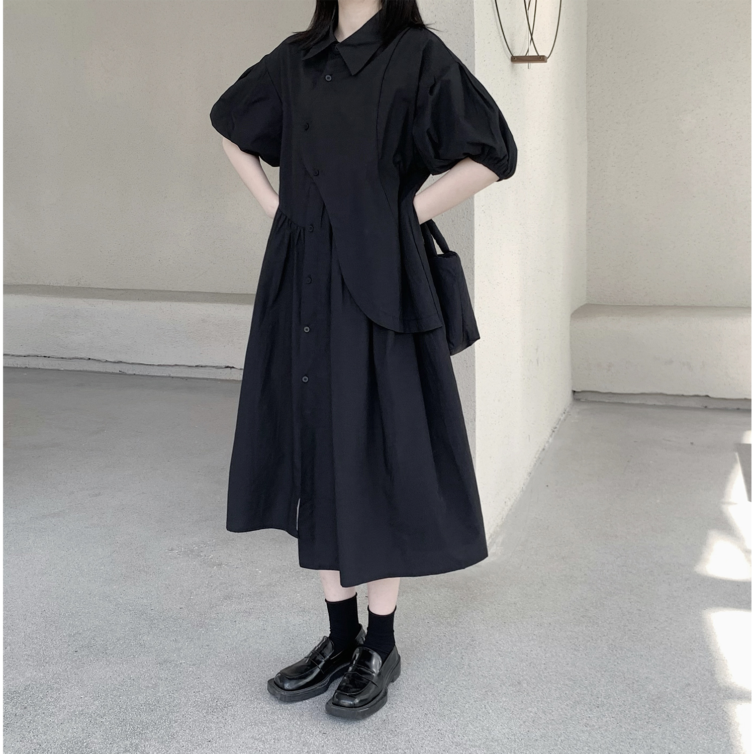 ワンピース スカート 襟付き ブラック 半袖 袖あり ロング かわいい 大人可愛い きれいめ シンプル カジュアル 大人 上品 おしゃれ お洒落 かっこいい レトロ アジアン エスニック エキゾチック