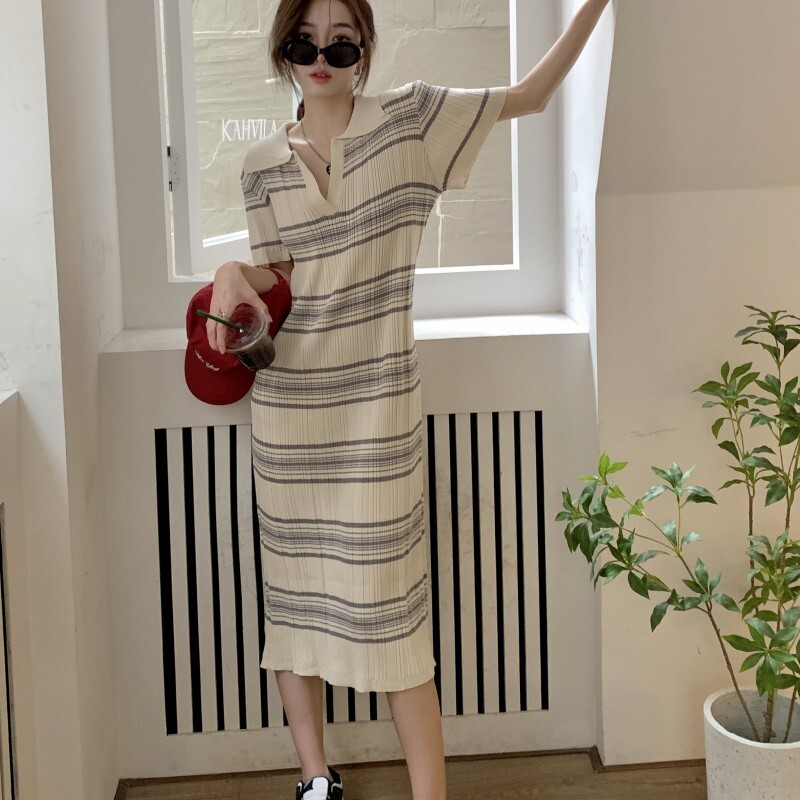 ワンピース ロング丈 半袖 ポロ襟 サマーニット かわいい 大人可愛い シンプル カジュアル お洒落 大人可愛い 大人女子 ラフ スポーティー ルーズ ボーダー 夏 10代 20代 30代 40代 レ