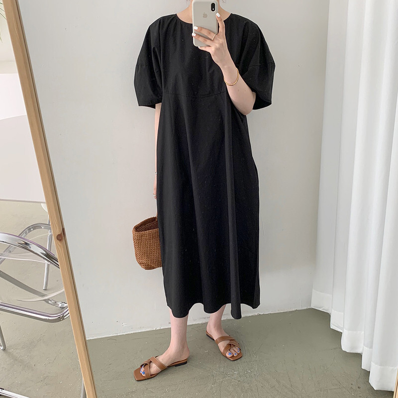 夏 バフスリーブ カジュアル ワンピース プルオーバー ロングスカート ワンピドレス ミモレ丈 袖あり 半袖 ラウンドネック 襟なし レギュラー プリーツ ふわふわ ハイウエスト 異素材MIX ポリア