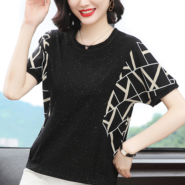 夏 ゆったり 半袖 トップス Tシャツ シャツ ショート丈 袖あり 半袖 ラウンドネック 襟なし レギュラー ふわふわ ルーズウエスト 綿 異素材MIX トリアセテート かわいい 大人可愛い きれいめ