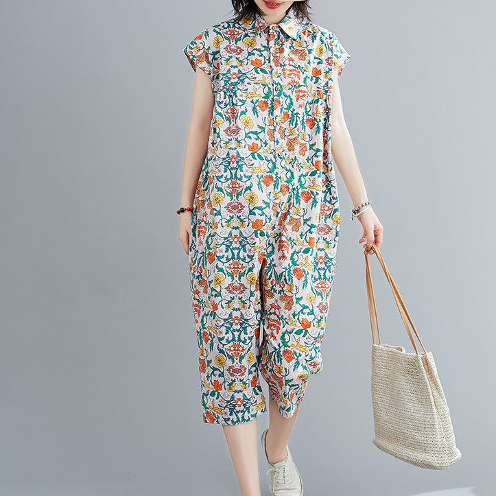 夏 ジャンプスーツ パンツ ボトムス パンツ ズボン 上着 クロップドパンツ ミディアム丈 袖あり ノースリーブ レギュラー 前開き ボタン ルーズウエスト 綿 ポリエチレンテレフタレート かわいい 