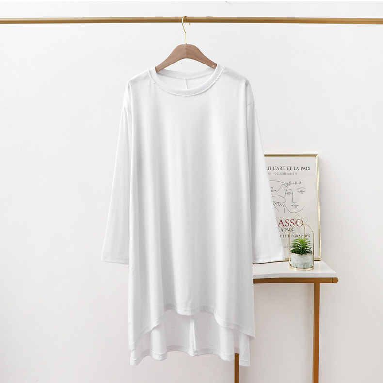 春夏 コットン Ｔシャツ トップス Tシャツ ミディアム丈 袖あり 長袖 ラウンドネック 襟なし レギュラー ふわふわ 透け感 ルーズウエスト 綿 薄手 異素材MIX かわいい 大人可愛い シンプル 